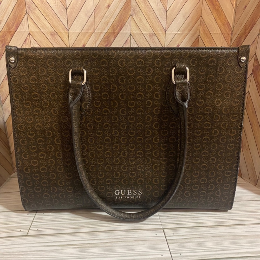 Guess in signature brown file shoulder tote bag